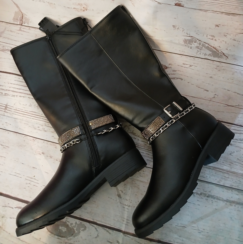 Madden NYC Girls Faux Leather Knee-High Boots with Chain Detail Black Size 5